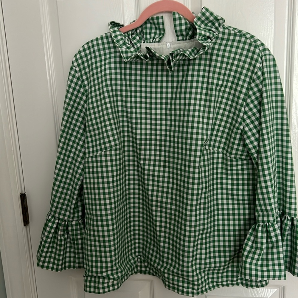 Elizabeth Wright Preppy Gingham Ruffle Blouse Xl - image 1